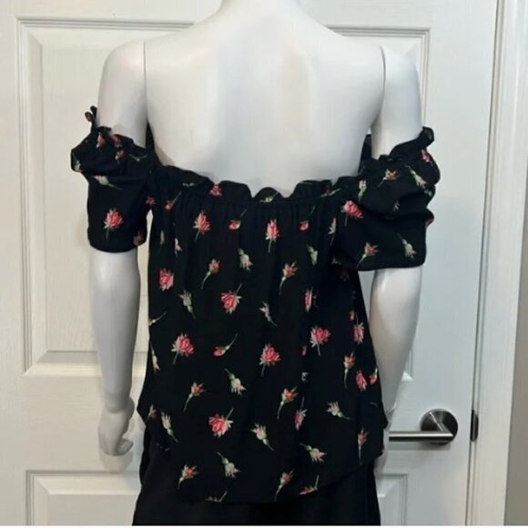 OASIS NWT Rose/Black Print short sleeve elastic ruffled neck viscose breathes 12 - Picture 7 of 16